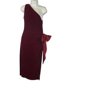 Halston lll Dress Silk Blend One Shoulder Red MIDI Velvet Side Bow Tie Size 4‎